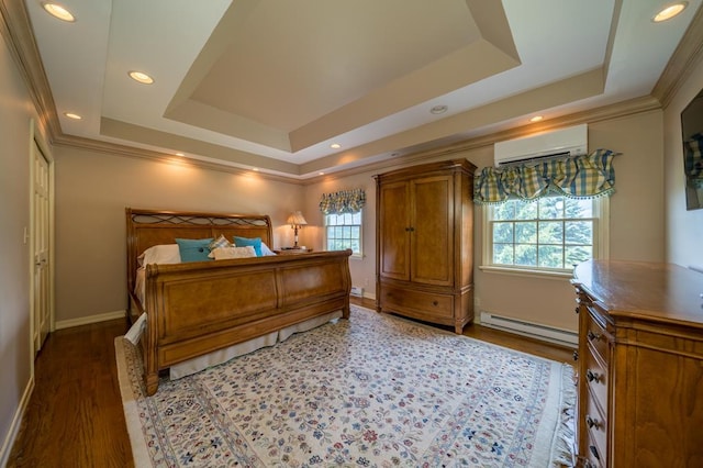 bedroom with multiple windows, a baseboard radiator, a wall unit AC, and a raised ceiling