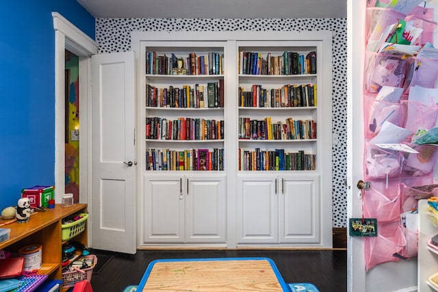 game room with dark hardwood / wood-style flooring