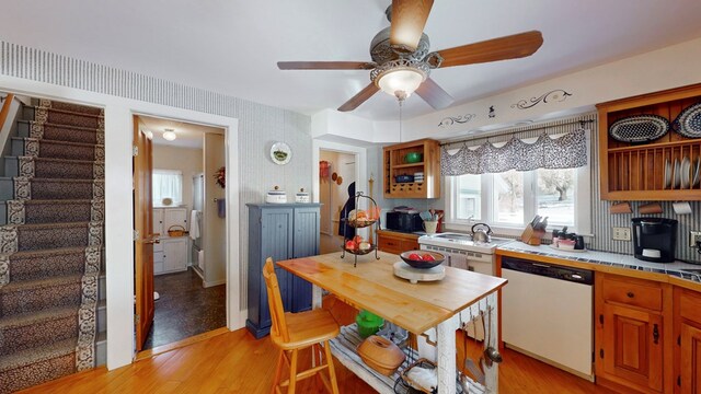 kitchen featuring ceiling fan, light wood-type flooring, and white appliances