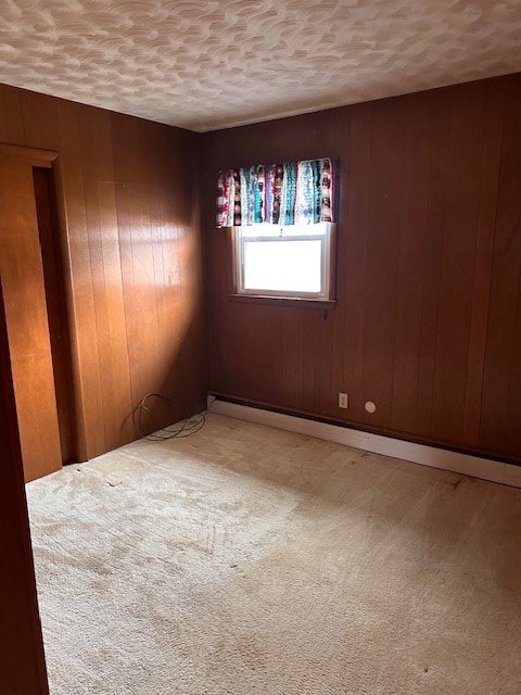 carpeted spare room with a textured ceiling and wood walls