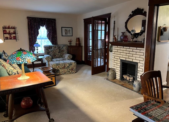 living room featuring carpet floors and a fireplace