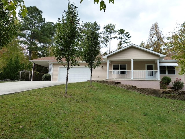 ranch-style house with covered porch, a front yard, and a carport