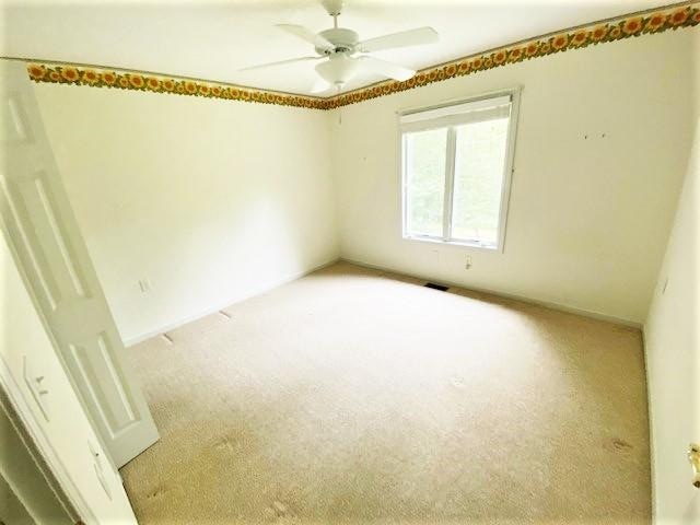 empty room with light carpet and ceiling fan