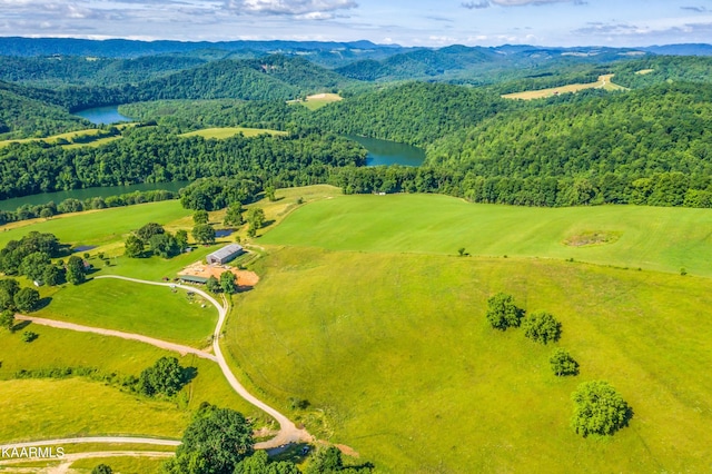 drone / aerial view featuring a water and mountain view