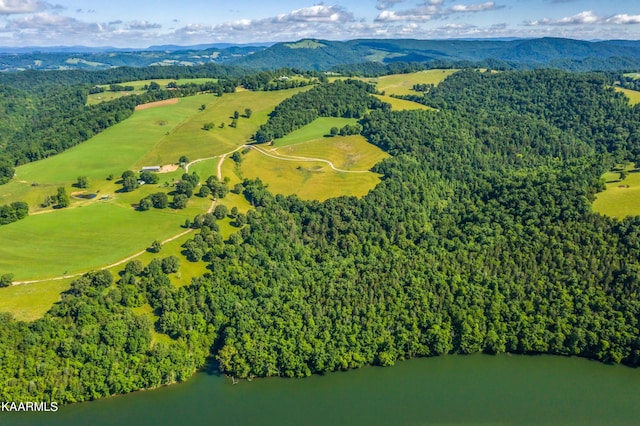 bird's eye view with a water and mountain view