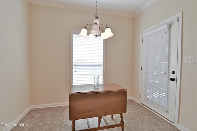 office featuring light tile patterned flooring, baseboards, an inviting chandelier, and crown molding