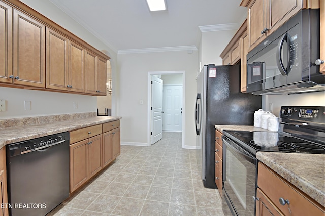 kitchen featuring light countertops, crown molding, baseboards, black appliances, and brown cabinets