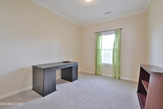 office featuring ornamental molding, baseboards, light carpet, and visible vents