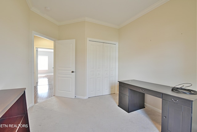 office space featuring light carpet, baseboards, and crown molding