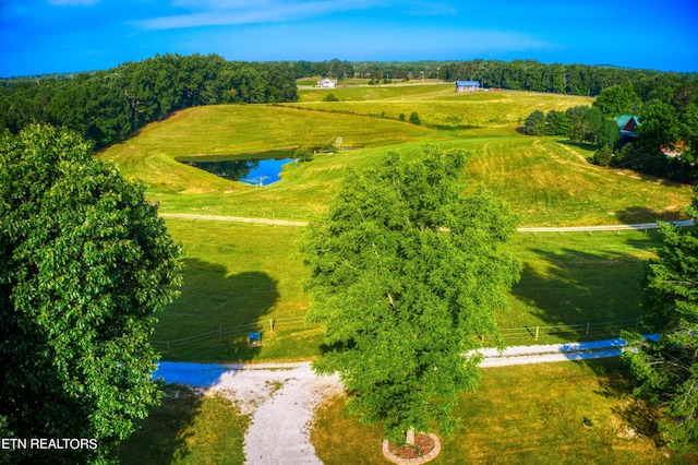 bird's eye view featuring a water view and a rural view