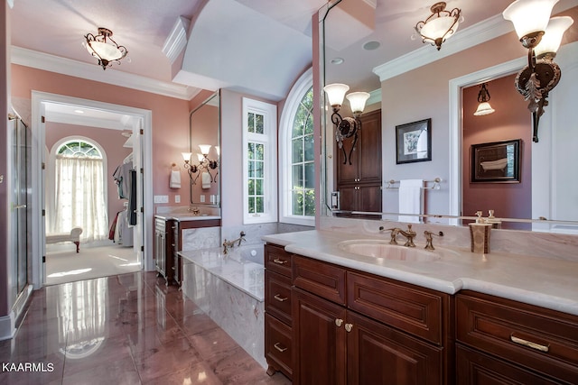 bathroom with vanity, a notable chandelier, tile flooring, separate shower and tub, and ornamental molding