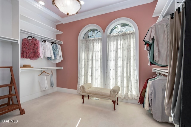 walk in closet featuring light colored carpet