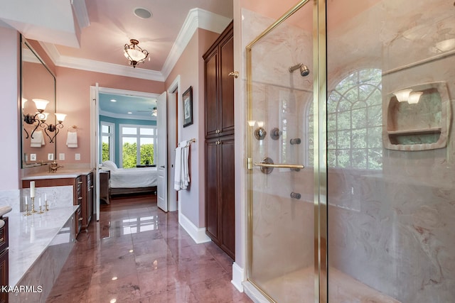 bathroom with crown molding, walk in shower, ceiling fan with notable chandelier, and large vanity