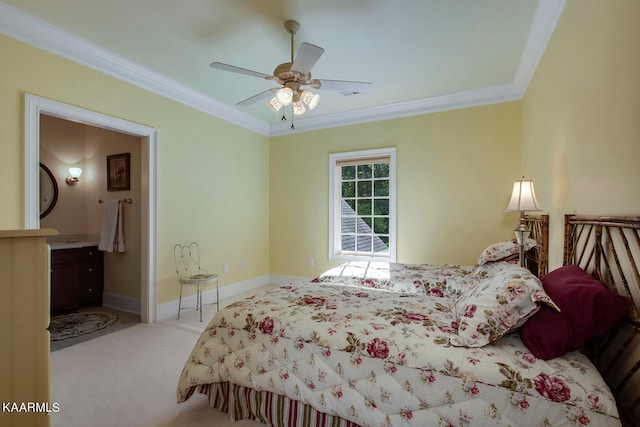 bedroom with ceiling fan, carpet floors, and ornamental molding