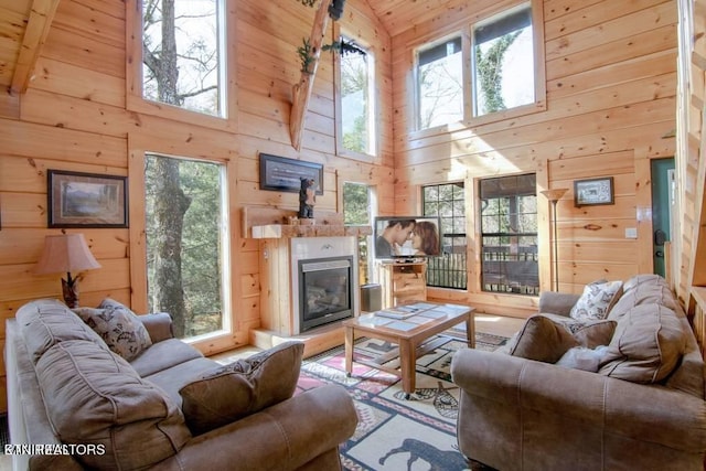 living room featuring high vaulted ceiling, wood ceiling, wood walls, and beam ceiling