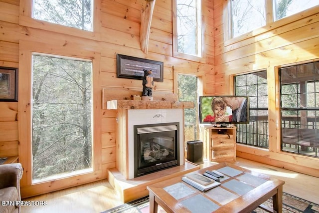 living room featuring wood walls, a high ceiling, and a healthy amount of sunlight