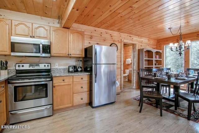 kitchen featuring light hardwood / wood-style flooring, a notable chandelier, stainless steel appliances, and wooden ceiling