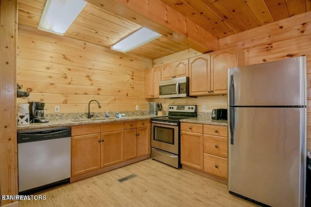 kitchen with light hardwood / wood-style floors, wooden walls, appliances with stainless steel finishes, and sink