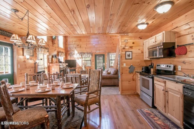 dining space with light hardwood / wood-style floors, wood walls, wooden ceiling, sink, and a chandelier