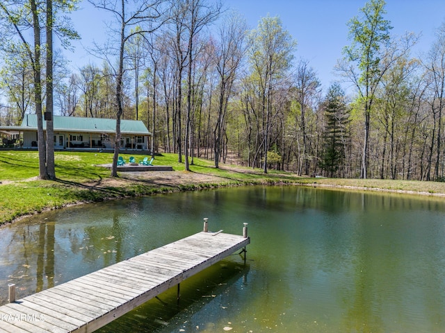 dock area with a water view and a yard