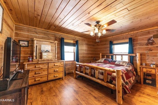 bedroom featuring ceiling fan, hardwood / wood-style floors, wood walls, and wooden ceiling