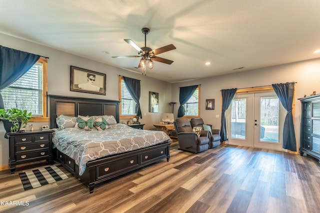 bedroom featuring ceiling fan, access to exterior, dark hardwood / wood-style floors, and french doors