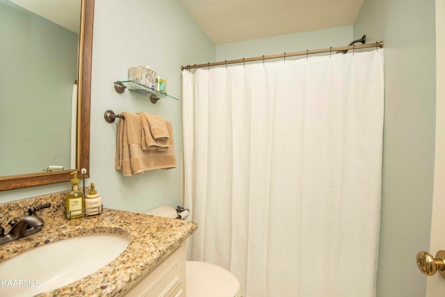 bathroom featuring toilet, vanity, and curtained shower