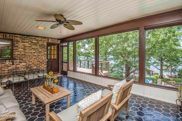 sunroom / solarium featuring ceiling fan and wood ceiling