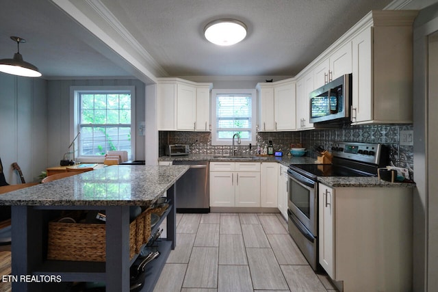 kitchen featuring ornamental molding, appliances with stainless steel finishes, plenty of natural light, and white cabinets