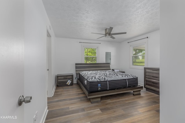 bedroom featuring dark hardwood / wood-style flooring, ceiling fan, and a textured ceiling