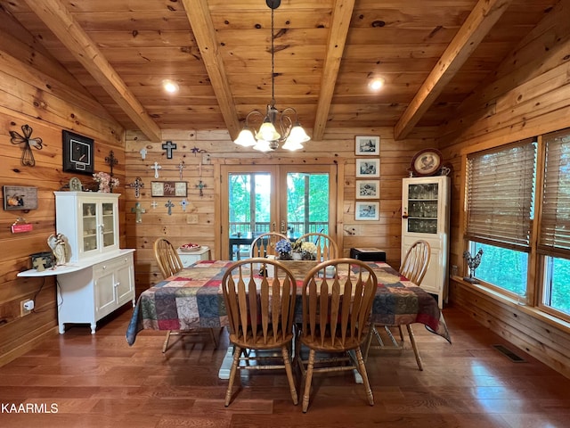 dining space with hardwood / wood-style flooring, wood ceiling, wooden walls, and an inviting chandelier