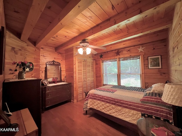 bedroom featuring wood-type flooring, ceiling fan, wooden ceiling, beamed ceiling, and wood walls