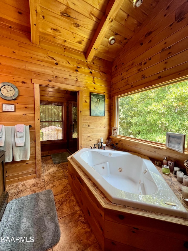 bathroom featuring tile patterned flooring, wood walls, vanity, beamed ceiling, and wooden ceiling