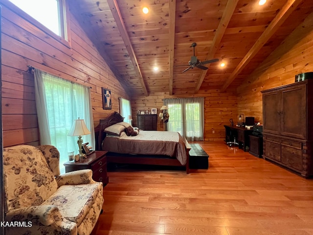 bedroom with lofted ceiling with beams, wooden walls, wooden ceiling, and light hardwood / wood-style flooring