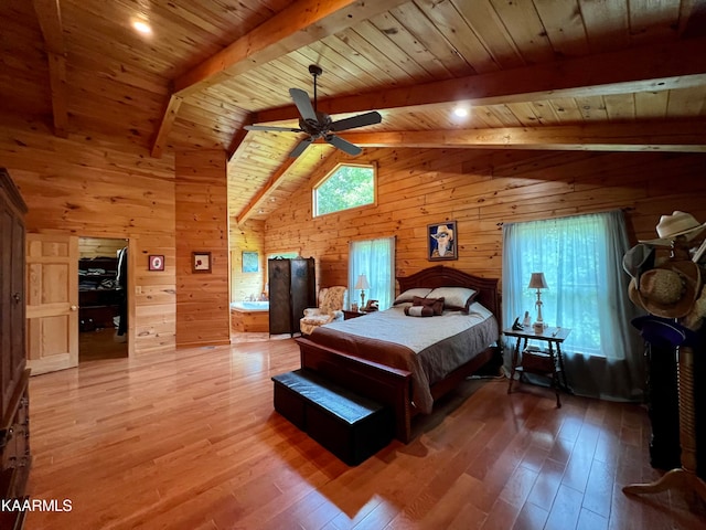 bedroom with wooden ceiling, wooden walls, and hardwood / wood-style floors