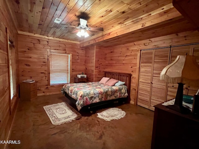 carpeted bedroom featuring ceiling fan, wooden walls, and wood ceiling