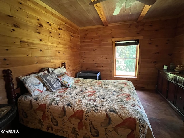 bedroom with beam ceiling, ceiling fan, wooden walls, and wooden ceiling