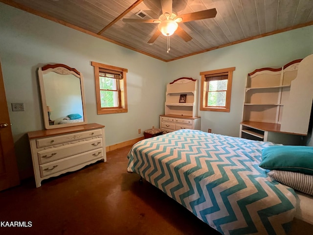 bedroom with wooden ceiling and ceiling fan