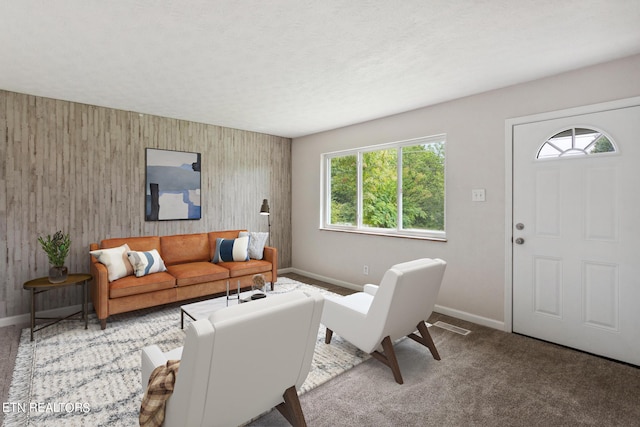 carpeted living room with a textured ceiling