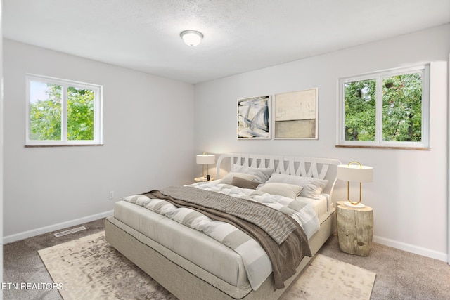 carpeted bedroom featuring a textured ceiling and multiple windows