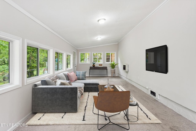 carpeted living room featuring crown molding and vaulted ceiling