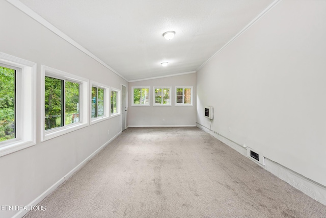 interior space featuring lofted ceiling, crown molding, carpet, and a healthy amount of sunlight