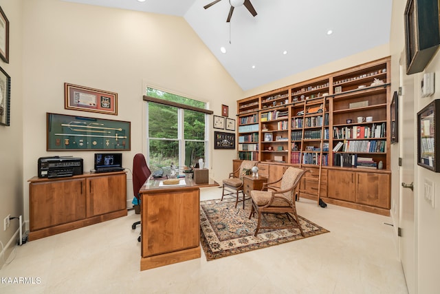 office space with light tile floors, high vaulted ceiling, and ceiling fan