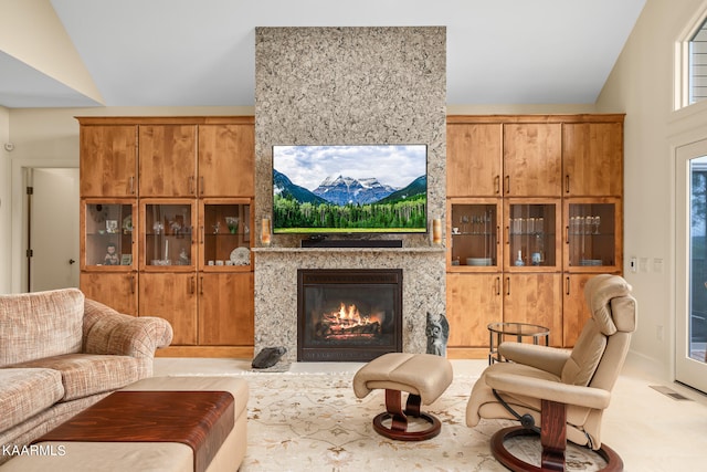 interior space with vaulted ceiling and a mountain view