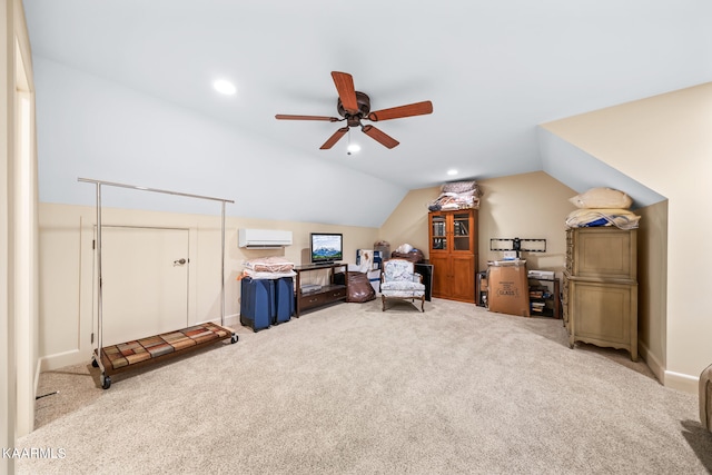 interior space featuring light carpet, vaulted ceiling, ceiling fan, and a wall unit AC