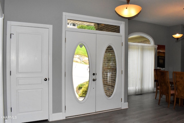 foyer entrance featuring french doors and dark wood-type flooring