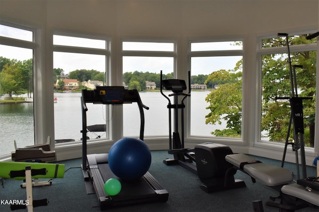 exercise room featuring a water view, carpet, and plenty of natural light