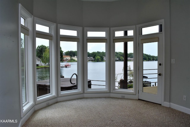 spare room with a water view and light colored carpet