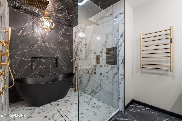 bathroom featuring plus walk in shower and tile patterned flooring