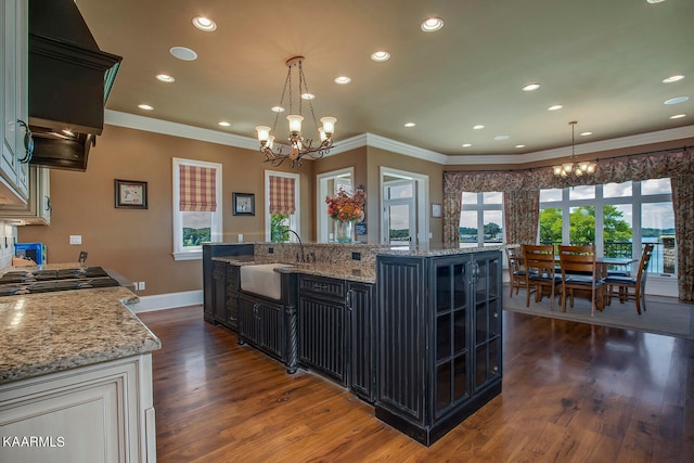 kitchen featuring decorative light fixtures, a kitchen island with sink, sink, and a wealth of natural light